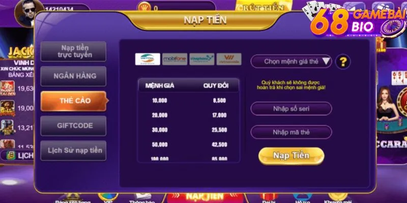 Nạp tiền và nhận thương trong từng chế độ vip 68 game bài